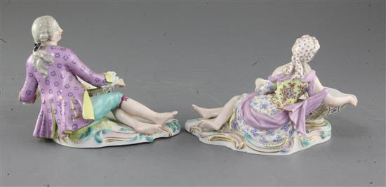 A pair of Meissen figural salts, late 19th century, length 17cm, tiny chips